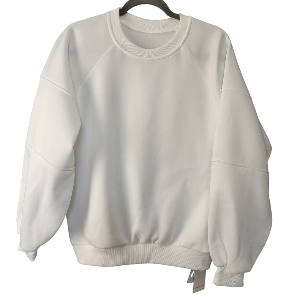 Commense Oversized White Sweatshirt S NWT Crewneck Raglan Sleeve Boxy Pullover - Picture 2 of 10